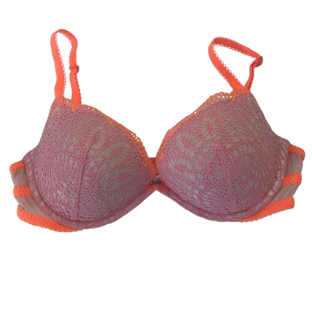 Victorias Secret Padded Demi Bra Lace Pink‎ Orange Lingerie Womens 34C EUC